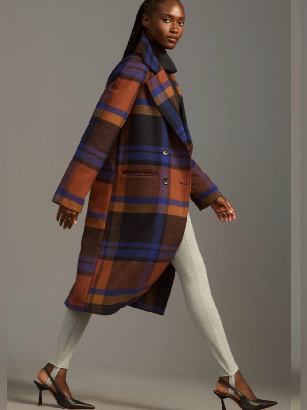Avec Les Filles Brown, Blue & Black Plaid Long Coat